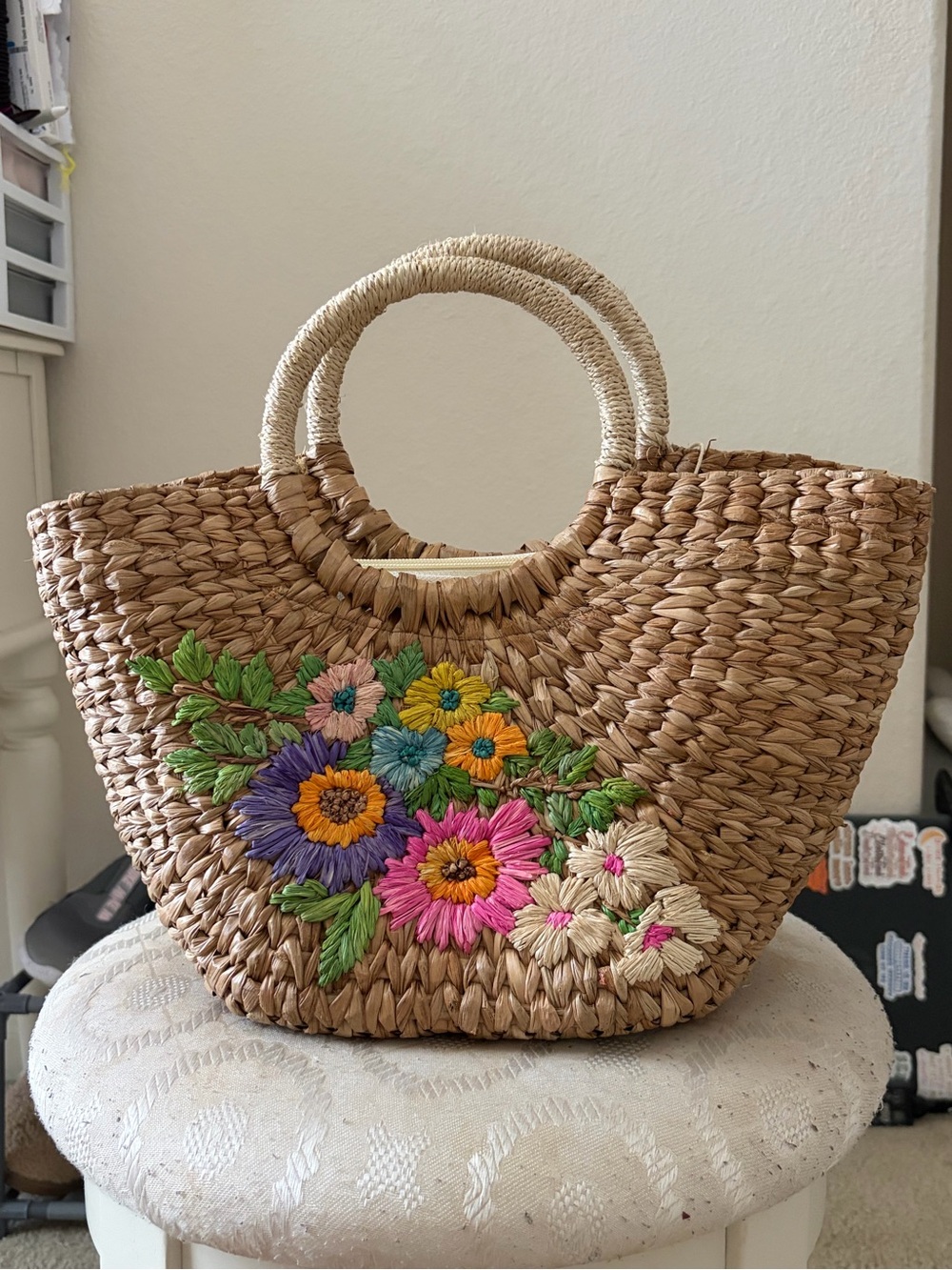Woven Straw Tote with Colorful Floral Embroidery - Natural